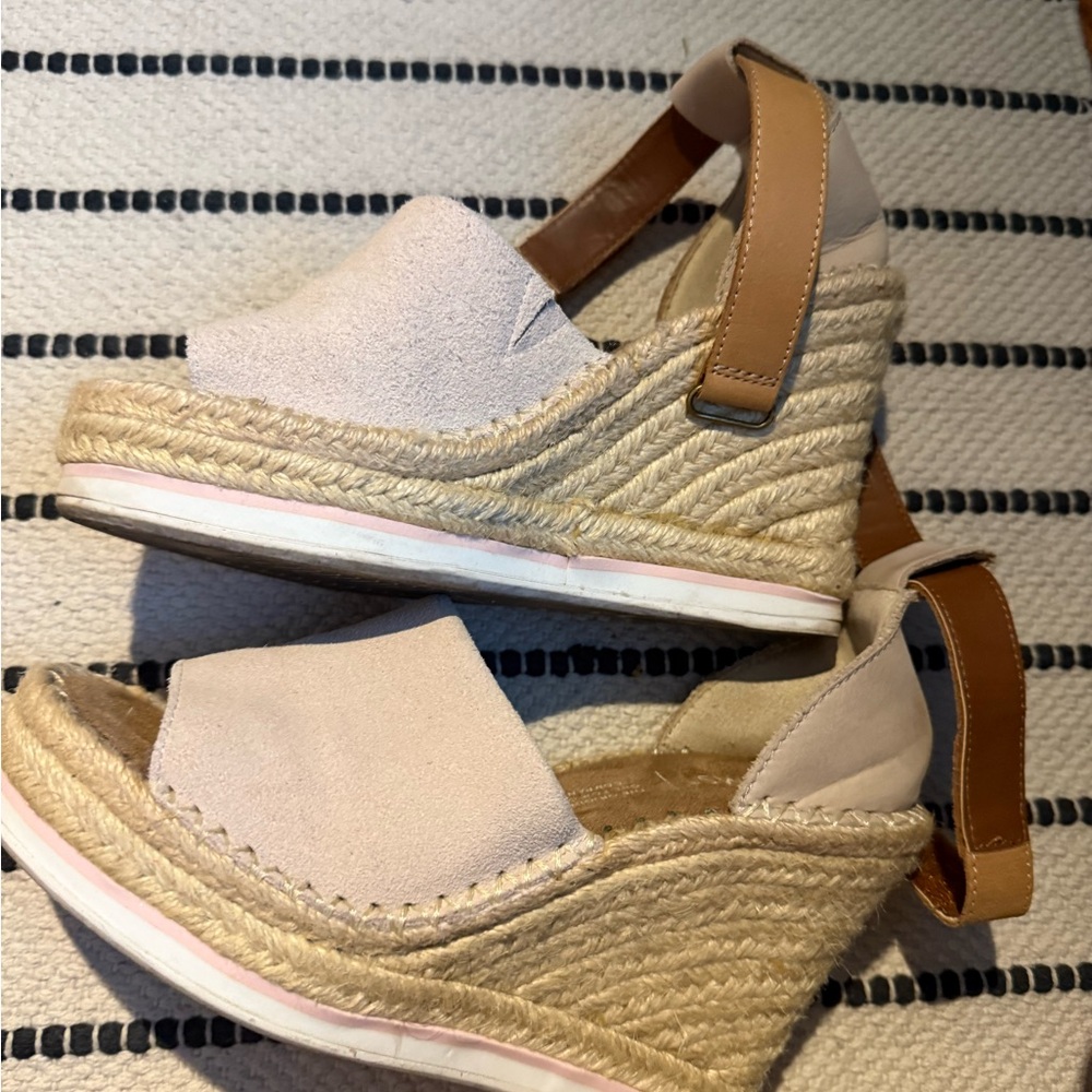 Toms Cream and Tan Wedge Espadrilles with Ankle Strap EUC